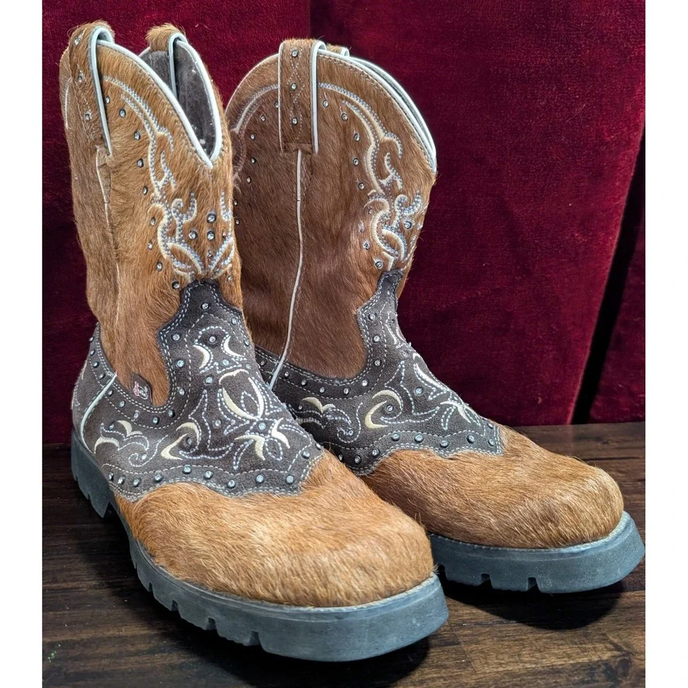 Justin Women's L8036 Cowhide Hair On Hide Rhinestone Western Boots Brown Size 9B